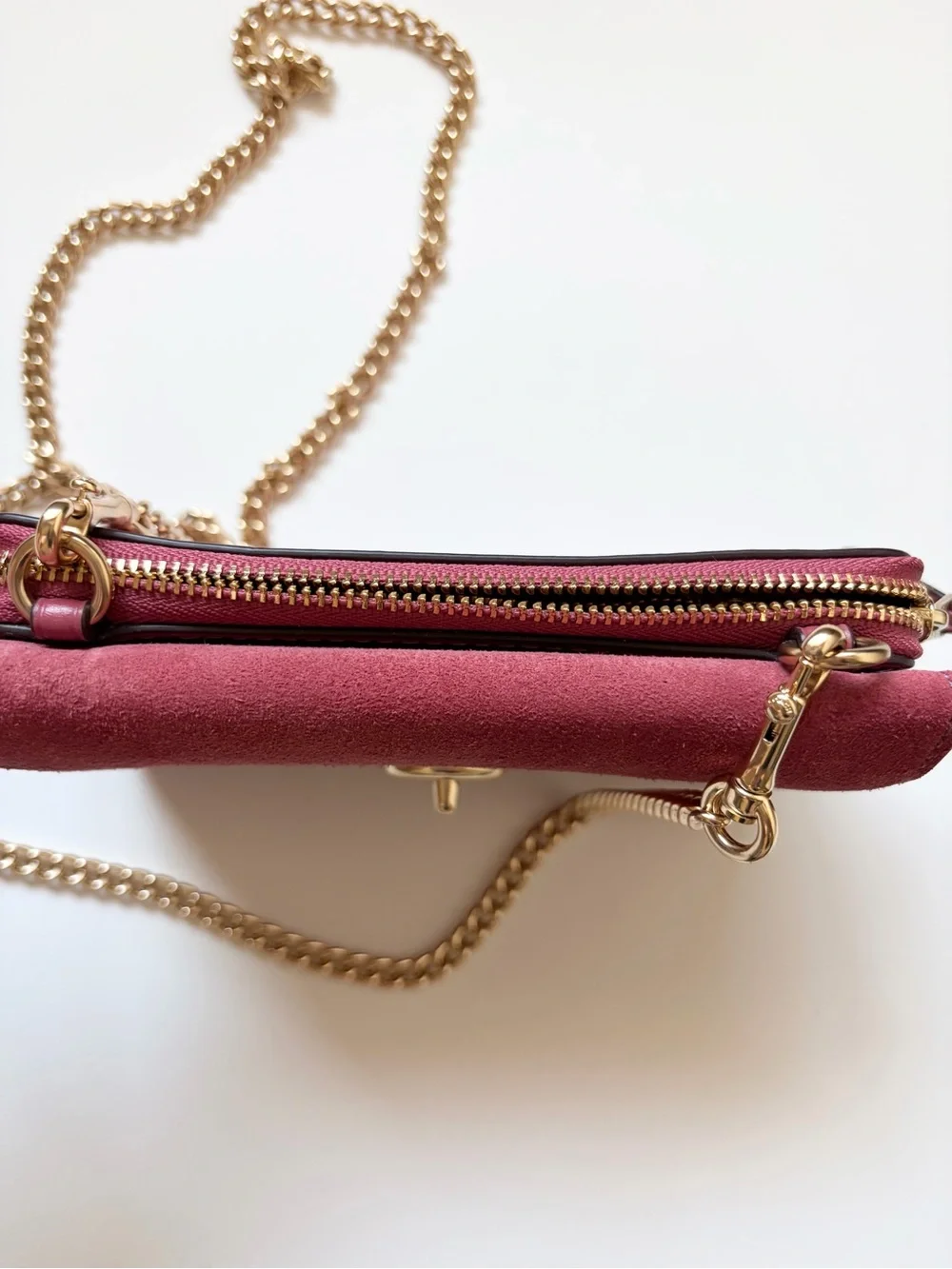 Coach Flap Phone Chain Crossbody Purse Bag Suede Leather Pink Gold RARE